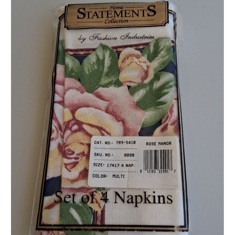 Vtg Home Statements Rose Manor Napkins Set of 4 Floral Cottagecore 17x17 1996